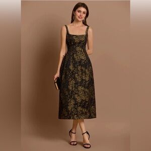 Azazie Black and Gold Floral Midi Dress